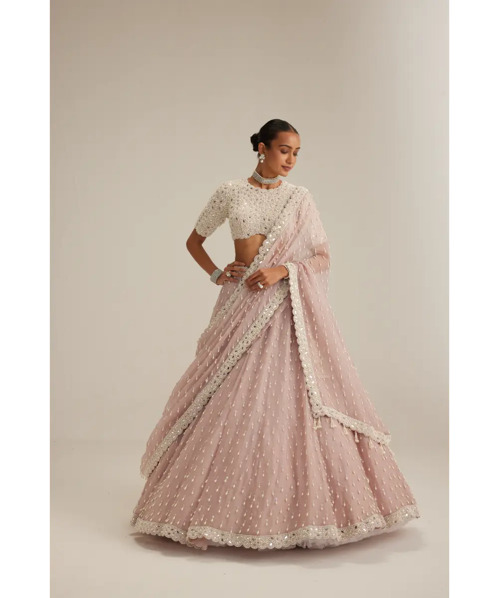 VVANI VATS- Ash Pink Pearl Drop Lehenga with high neck blouse